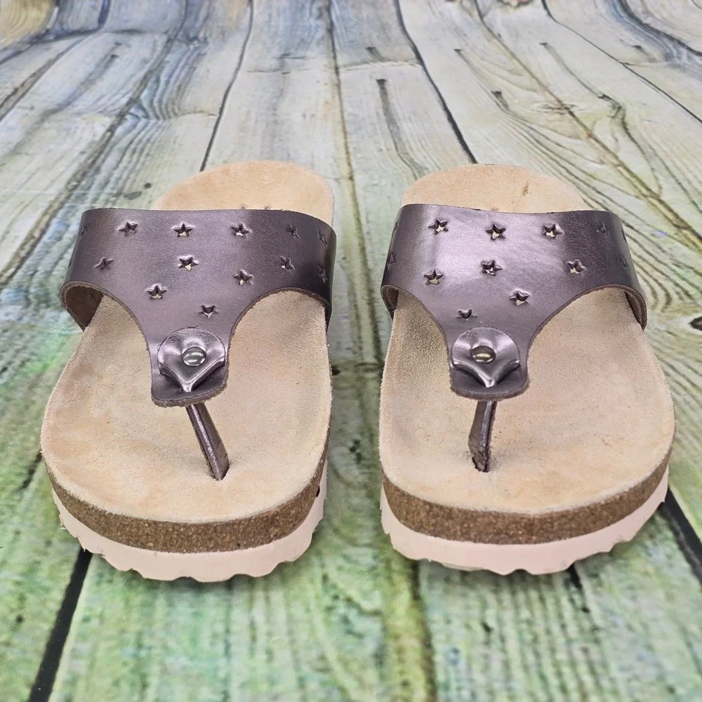 Mephisto Nikie Star Sandals Womens 35 5 Metallic Pewter Leather Cork Thong Slide